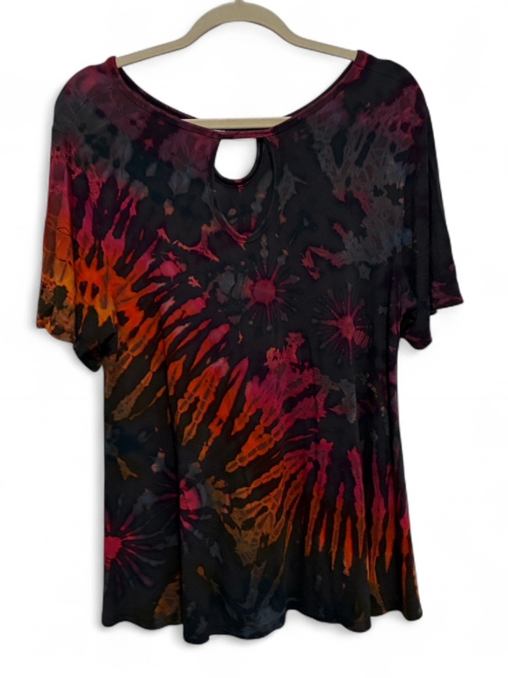 Kathmandu Imports Tie-Dye Scoop Neck Short Sleeve Top - Black with Pink & Orange